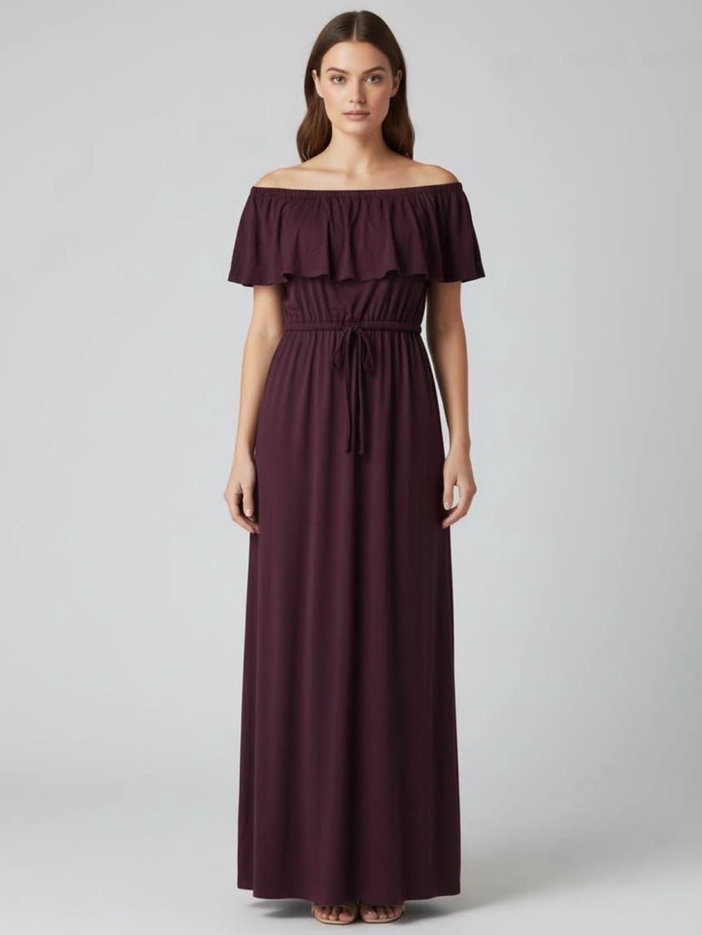 Off-Shoulder Ruffle Maxi Dress in Plum